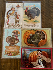 Lot of 5~Antique~Thanksgiving Postcards~with Turkeys~Pilgrim~Children~etc.~s648 picture