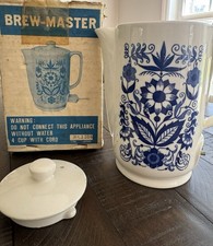 Vintage 1970s Brew-Master Electric Ceramic Hot Water Pot Blue Floral No. 1356 picture