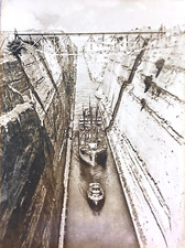 Vtg Sepia Print Photo Corinth Canal Greece Ship and Railroad Bridge Year Unknown picture