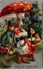 Rare~Dressed Romantic Bunny Rabbits~Chicks & Mushroom 1910~Easter Postcard~s702 picture