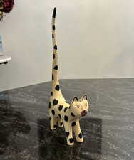 Vintage Artisan Carved Wood Polka Dot Cat Straight Long Tail Figurine Folk Art picture