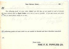 1910s F. E. Fowler Co. New Haven backorder billhead picture