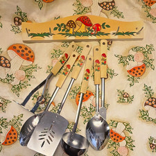 Sears Roebuck 1976 Mushroom Hanging Utensil Set 6pc w/ Rack Made in Japan picture