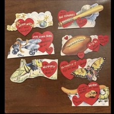 7 Vintage Valentines Anthropomorphic Worm Butterfly Skate Grasshopper Bat Etc picture