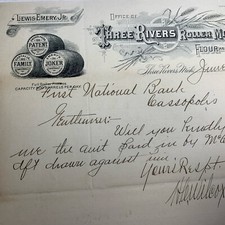 Letterhead SIGNED Wilcox Of Three Rivers Michigan Flour Mill 1891 Lewis Emery picture