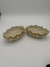 Pair Vintage Lenox Acanthus Leaf Shell Bowls Ivory Porcelain 24K Gold Trim Set picture