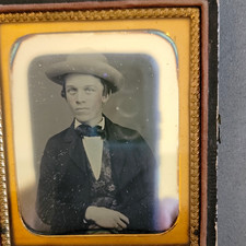 Antique 1850s 1/6 Daguerreotype Photo Young Man Wearing Hat Starburst Case picture