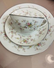Vintage Noritake Trio Tea Set: Arlene Pattern Floral Porcelain with Platinum Tri picture