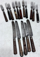 Antique Mixed Flatware Set of 17 Wood Handle Knives & Forks Rustic 3 Prong picture