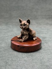 Art Deco Cat Figurine Cast Bronze Statuette Pedestal In Volcanic Obsidian Stone picture