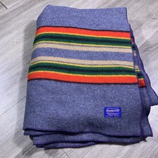 Pendleton Yakima Camp Blanket Blue W/Stripes 86% Wool, 14% Cotton 69” X  86” picture