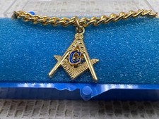 Freemason Blue G Square & Compasses Masonic Tie Chain Button Loop w/Case Dangle picture