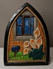Vintage 3D Ceramic Hand Painted Sad Iron Door Stop Calla Lily & Window Scene picture