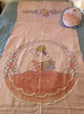 Antique 1926 COMPLETED Bucilla Embroidered Floral Bedspread And Bolster w/ Lady picture