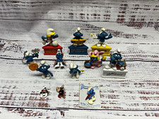 Peyo The Smurfs Smurf & Smurfette Figurine Lot w/ Pins & Keychain 1981 picture
