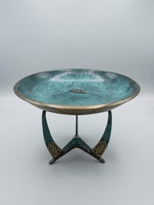 Vintage MCM Israel Solid Cast Brass Verdigris Footed Bowl Oak Leaf Tripod 12 Hea picture