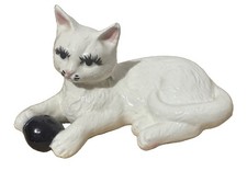 Vintage Porcelain White Cat Figurine With Blue Eyes Has Repair On Neck See Photo picture