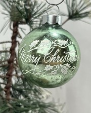 Vintage Shiny Brite Merry Christmas Holly Green Glass Round Ball Ornament  picture