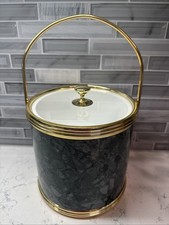 VTG~Kraftware Ice Bucket w/Vinyl Green Marble Pattern & Brass~Clear Lid~7.75” picture