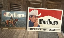 2 Vintage Marlboro Metal Signs – Classic Cowboy & Wild Horses Americana picture