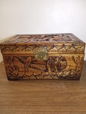Vintage Chinese Carved Camphor Wood Box Brass Latch Red Lined Asian Decor picture