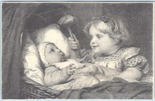 RIDGE'S FOOD FOR CHILDREN Lovely scene of child w/ baby holding unique rattle picture