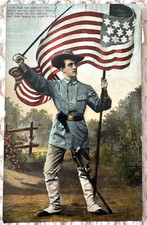 Patriotic Postcard American Military Soldier Proudly Holding Flag picture