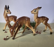 Vintage MCM Faux Carved Hard Plastic Deer Figurines Set of 3 Made in Hong Kong picture
