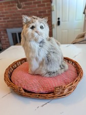 Real Rabbit Fur Kitten On Basket RARE UNIQUE FIND 1 Of A Kind Handmade Vintage picture