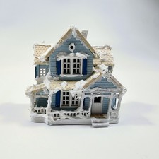 Handmade Dollhouse Miniature Snowy Blue Victorian House Christmas Village 3.5” picture