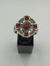 Vintage Silver Celtic Cross Ring Red Stones 9.85g Size US 13 / 22.3mm picture
