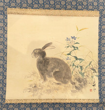 Vintage Japanese Kakejiku Hanging Scroll Art Painting Rabbit Hare Signed Shuko picture