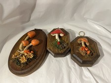 Vintage 1970’s Hand Painted Mushroom Wall Plaques / Rustic Dried Flowers Set 3 picture