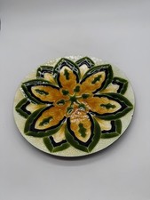 Vtg Italian Green & Yellow / Gold Enamel Copper Tray Flower Design Vide Poche picture