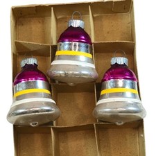 Vintage Shiny Brites Bell Ornaments lot of 3 Mercury Glass pink yellow silver  picture