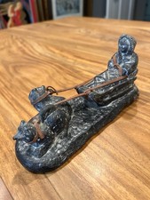 Inuit Soapstone Carving by Al Wolf Dog Sled Eskimo Hunter Canada Vtg Handmade picture
