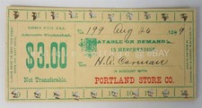 1899 antique PORTLAND STORE COMPANY ACCOUNT CHECK PUNCH CARD for MERCHANDISE $3 picture
