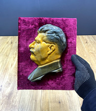 Vintage plaque with comunist propaganda USSR.Soviet decor with metal imag Stalin picture