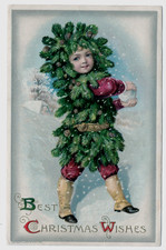 RARE~Winsch ~Christmas Boy in Evergreen  Suit ~ Antique Fantasy Postcard~s737 picture