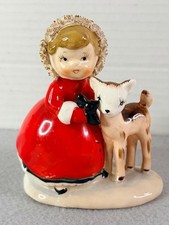 Vintage Norcrest Christmas Girl Baby DEER Figurine Ceramic RARE #F-90 Spaghetti picture