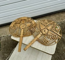 2pc Set Vintage 1970’s Boho Woven Rattan Wicker Bamboo Wall Decor Fans Native picture