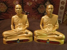 Vintage Gold Gilt Brass Pair Thai Buddhist Monk Statues Luang Pu Sodh Wat Paknam picture