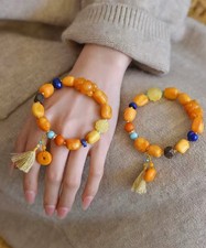 1pc Natural Baltic Amber Flower Bracelet Lapis Lazuli Decoration picture