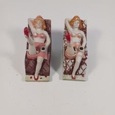 Vintage pair of naughty Nodder ASHTRAYS -Girl in 2pc Swimsuit w BOBBING Leg picture