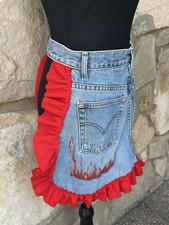 Upcycled Vintage Levis Denim Jeans Apron Handmade Red Ruffle and Tie Excellent picture