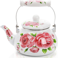 2.6 Quart Enamel Tea Pot for Stovetop, Pink Vintage Tea Kettle with Floral Patte picture