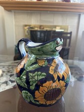 VTG Talavera Rea Mexico Signed Hand Painted Frog Sunflower Pitcher Heavy Pottery picture