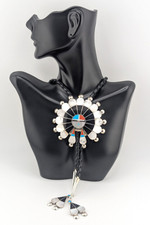 Zuni Large Medallion Sun Face Inlay Bolo Tie NA Leather Sterling Silver Signed picture