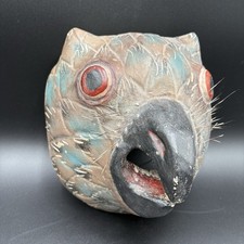 VTG Hand Painted Mexican Folk Art Owl Mask With Porcupine Quills Carved Wood 9” picture