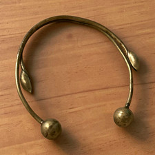 Unique Vintage Brass Open Cuff Torque Bracelet with Ball Ends and Budding Leaves picture